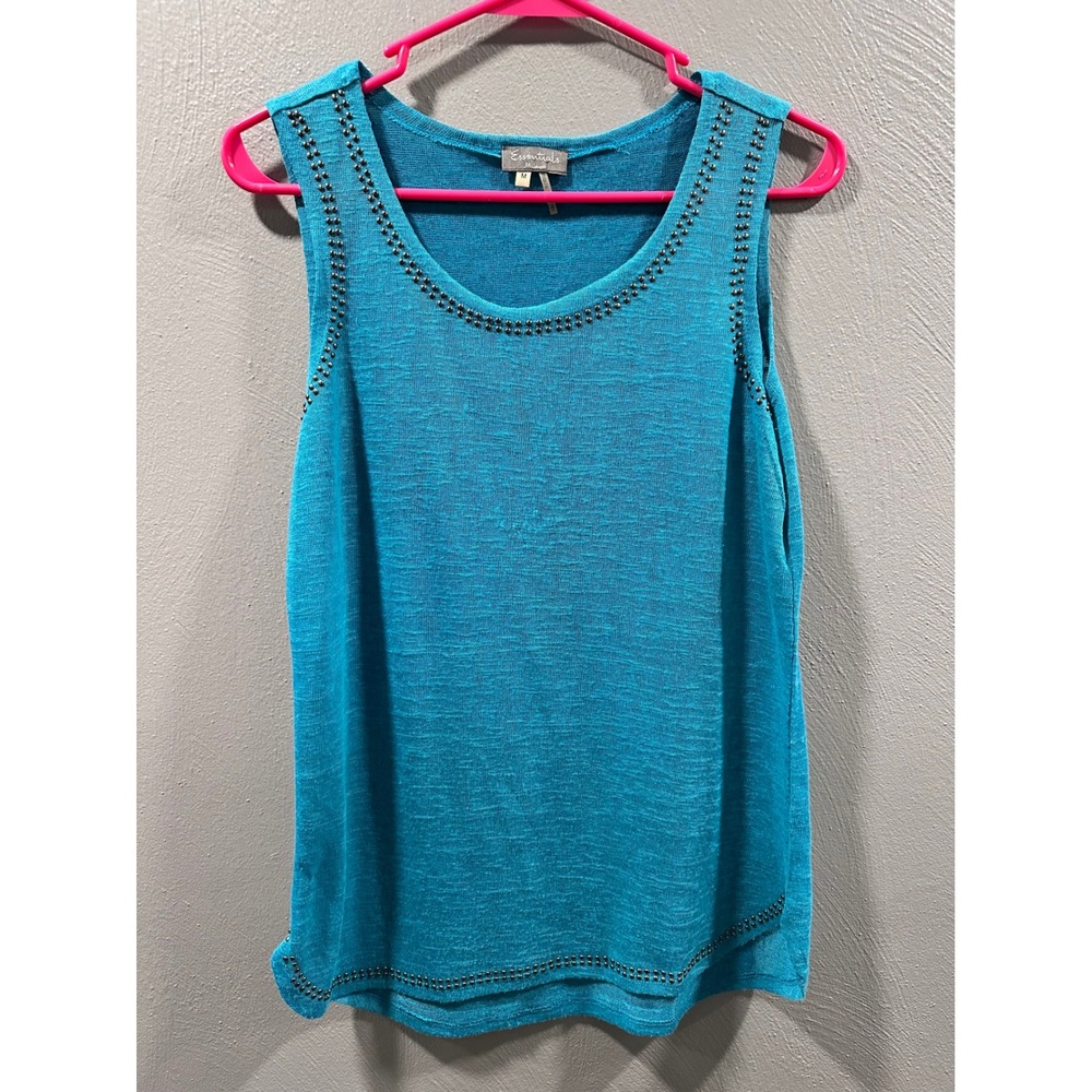 Essentials Milano Womens Turquoise Studded Knit Tank Top Sleeveless Scoop Neck M
